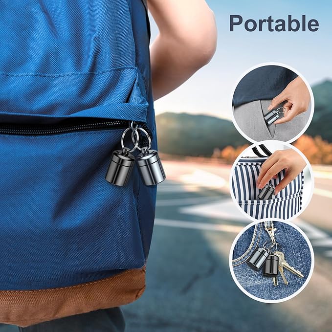 4 Pack Mini Pills Case Small Pill Holder Keychain for Purse - Portable Travel Pill Container Keychain, Waterproof Metal Daily Medicine Organizer Box for Office Outdoor Camping (Black & Grey)