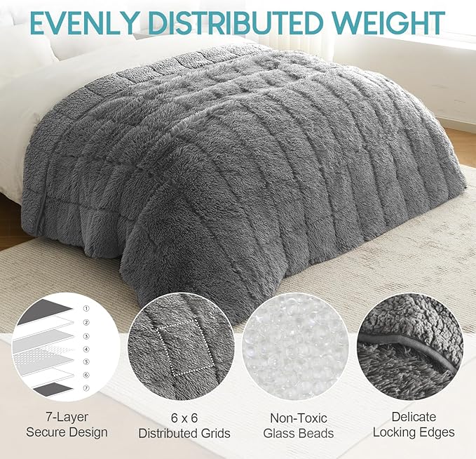 Cottonblue Shaggy Faux Fur Reversible Sherpa Weighted Blanket 20lbs, Luxury Snugly Long Fur Warm Heavy Blanket 60x80 inches, Super Soft Fuzzy Fleece Blanket for Winter, Grey