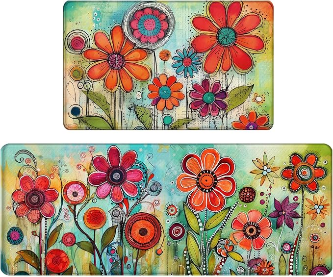 Bulijojo Flowers Anti Fatigue Kitchen Floor Mats Set of 2 Waterproof Kitchen Sink Runner Rug Standing Mat Cushioned Kitchen Rugs Comfort Doormat 17"x47"+17"x28"