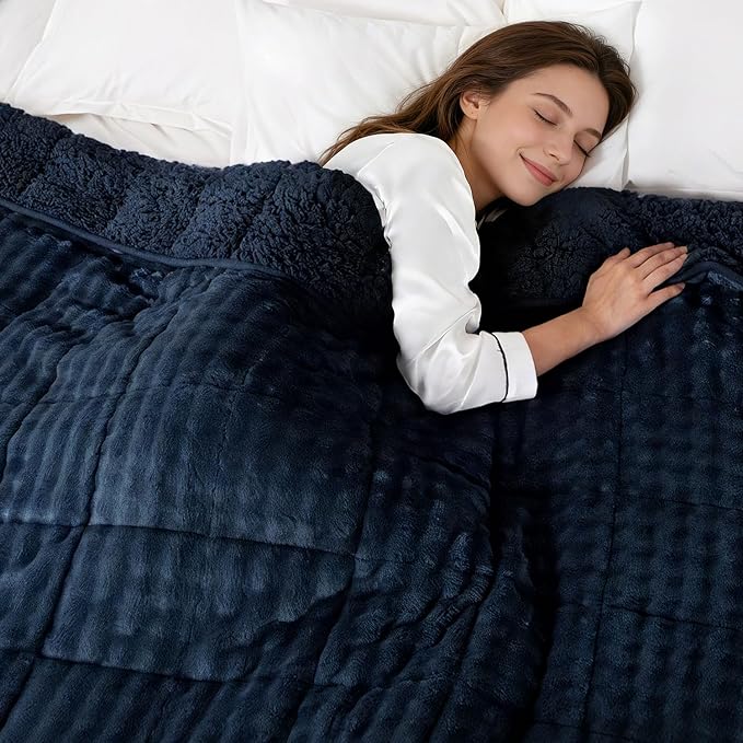 Cottonblue Weighted Blanket 20lbs Bubble Fleece Plush Sherpa Heavy Weighted Blankets for Adults, Fits Queen Size Bed, Cute Fuzzy Warm Heavy Blanket for Calm and Better Sleep, 60"x80", Navy Blue
