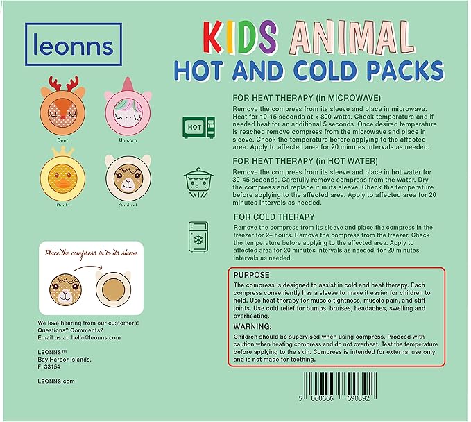 Leonns® Kids Ice Packs for Boo Boos, Reusable Cold Packs for Toddlers and Children with Soft Animal Covers | Relief for Bumps, Swelling, Bruises and Pain - Cute Gel Ice Pack Set 4-Pack (Unicorn)