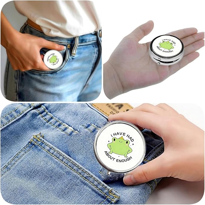 3 Compartment Travel Pill Case, Sealed Portable Pill Container Mini Size Metal Pill Box for Pocket Purse, Three Times a Day Pill Organizer for Men, Women and Children - Cute Frog