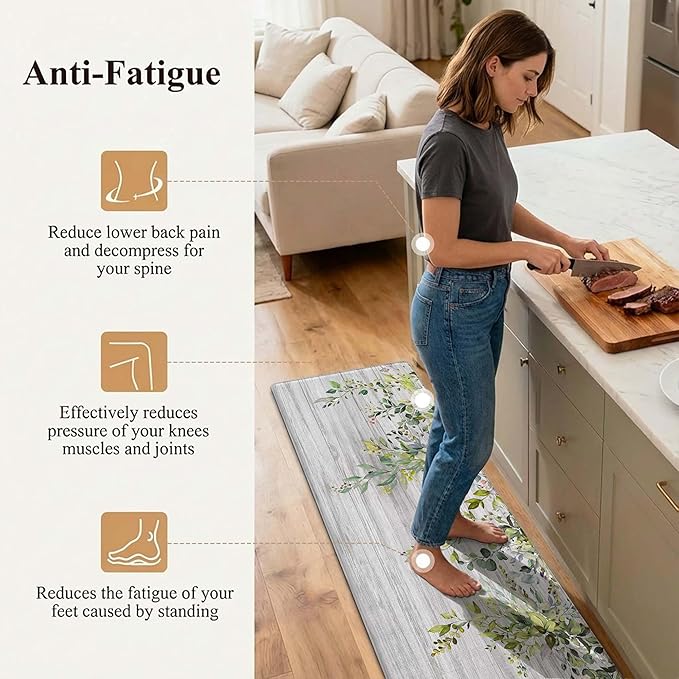 Kitchen Rug Mats for Floor Cushioned Anti Fatigue Green Eucalyptus Kitchen Rugs Sets of 2 Farmhouse Non Slip Waterproof Comfort Memory Foam Standing Floor Mat for Office Laundry Sink Desk
