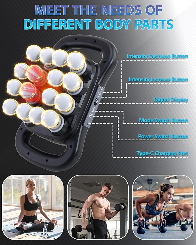 16-Head Massage Gun, Deep Tissue Percussion Massager with 9 Modes & 9 Intensities, 2600mAh Battery Back Massager for Pain Relief Deep Tissue for Muscle Pain Relief in Back, Legs, Shoulders