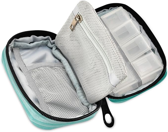 Ollabaky Teal Turquoise Wooden Striped Pill Case, Weekly Portable Dog Paw Pill Bag Container 7 Days Pill Box Organizer Vitamin Supplement Holder with Zipper for Travel Family Busines