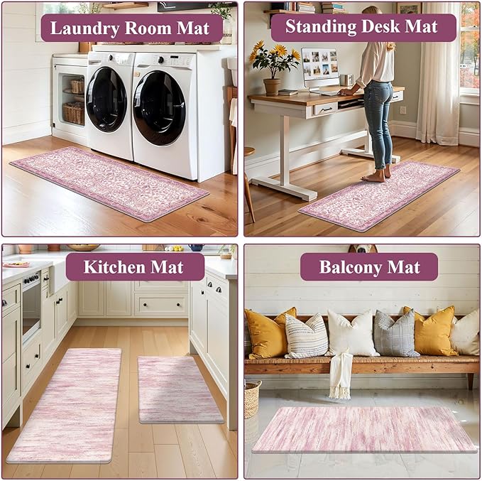 U'Artlines Kitchen Anti Fatigue Mats Sets of 2,Double-Sided Print Kitchen Mat Cushioned Comfort Standing Waterproof PVC Rugs,Pink Floral Rugs for Laundry Office Desk Sink(17"x28"+17"x47")