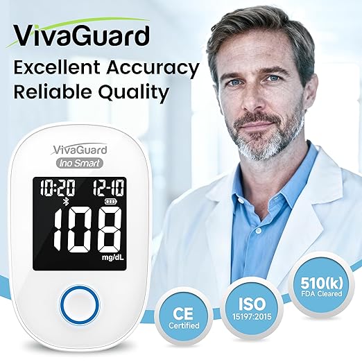 VivaGuard Ino Smart Blood Glucose Monitor Kit with Free App, Bluetooth and Rechargeable Blood Glucose Meter with 100 Strips & 100 Lancets, Travel Portable Blood Sugar Diabetes Testing Kit, No Coding