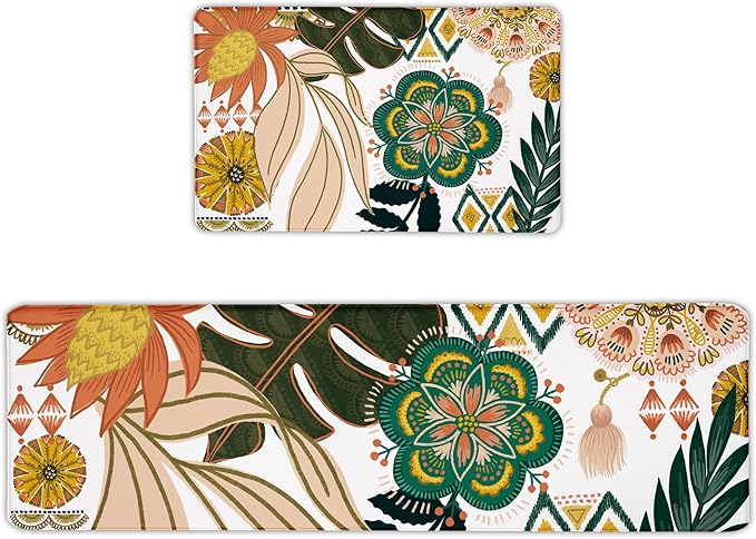 Boho Floral Kitchen Rugs Sets of 2 Anti Fatigue Cushioned Long Kitchen Mats for Floor Farmhouse Kitchen Rugs Non Slip Waterproof Mid Century Botanical Comfort Standing Mat for Sink Laundry