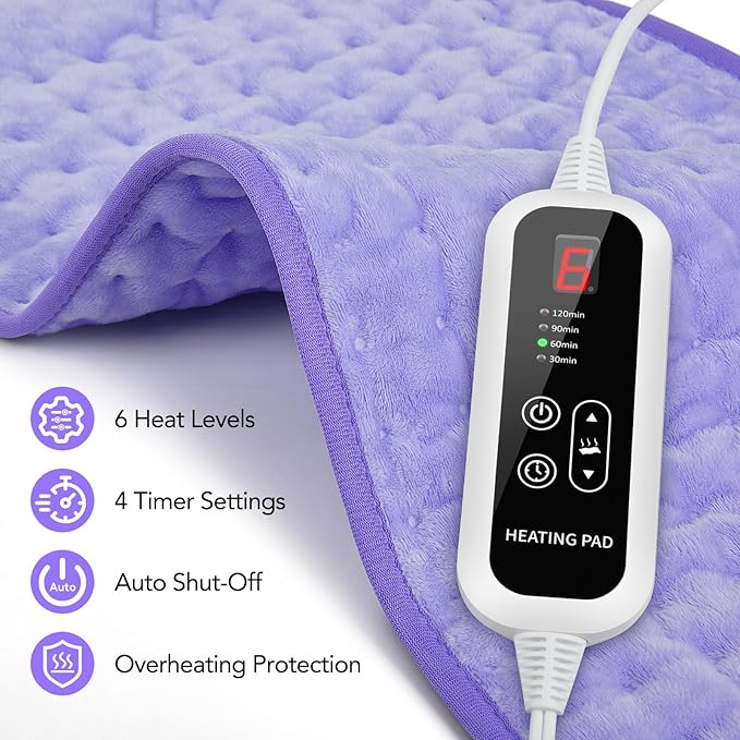 Heating Pad for Back Pain Relief - 24"x12" Electric Heat Pad,6 Heat Settings & 4 Auto Off, Machine Washable,Overheat Protection,for Shoulders,Neck,Period Cramps,Gifts for Women Mom Her Wife [Purple]