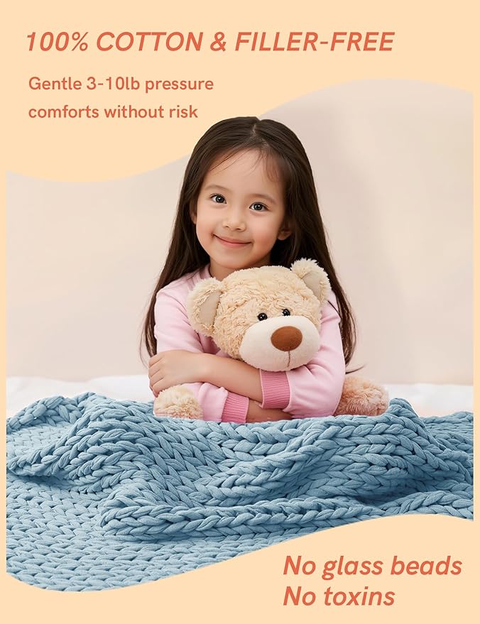 YnM Cooling Weighted Blanket, 100% Cotton Handmade Chunky Knitted Blanket, Weighted Lap, Breathable Heavy Blankets, Machine Washable Throw for Sleep or Home Decor (Sky Blue, 25x35 Inch, 3lbs)