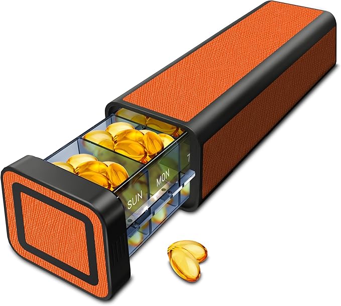 Weekly Pill Organizer 7 Day, Discreet Leather Pill Case for Purse or Pocket, Easy Slide-Out Daily Medication Planner, 1 Time a Day Travel Vitamin and Supplement Holder (Orange)