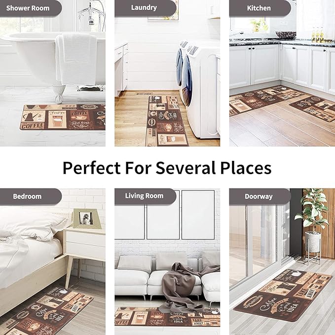 Asrug Anti Fatigue Comfort Kitchen Mats Standing Desk Mat Decorative Ergonomic Floor Pad Kitchen Rug Waterproof Stain Resistance Non Slip Kitchen Set, 17.3''x27.6''+17.3''x47.2'', Cafe Design