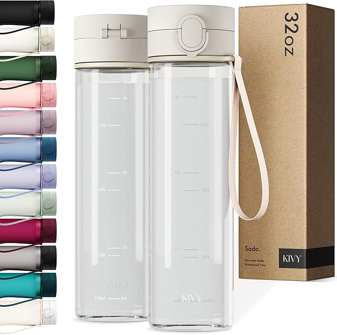 KIVY Slim Water Bottle 32oz with Leakproof Flip Lid [Lightweight & Shatterproof] Fits Backpack & Cupholder for Travel, Sports, School - Tall Gym Water Bottle with Measurements - Dishwasher Safe