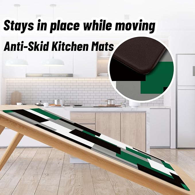 Green Kitchen Rugs Set of 2 Cushioned Anti Fatigue Kitchen Mats for Floor Non-Slip Waterproof Kitchen Floor Mats Geometric Ergonomic Cushioned Comfort Standing Mat for Laundry, Office, Sink