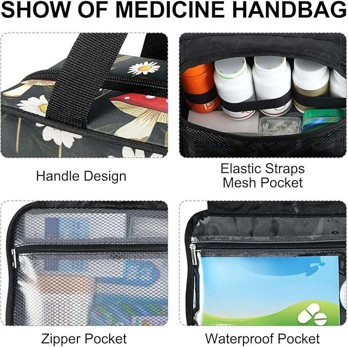 Fustylead Watercolor Amanita Mushrooms and Daisy Travel Pill Bottle Organizer Large Home Storage Medication Bag with Zipper for Vitamins, First Aid, Fish Oil, Medical Supplies