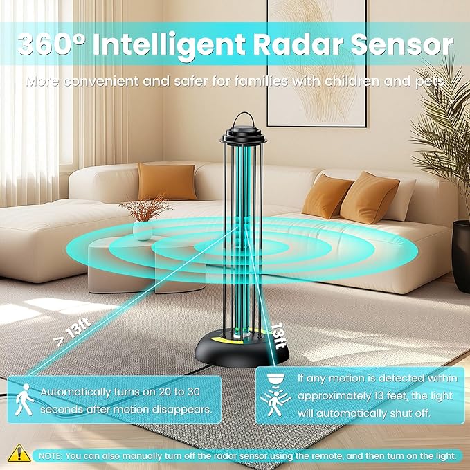 UV Light Sanitizer, 100W Ultraviolet Lamp with Remote Control for Bed Bugs and Dust Mites, Home Disinfection Device UV Lamp with Motion Sensor,3 Speed Timings for Home, Room & Kitchen