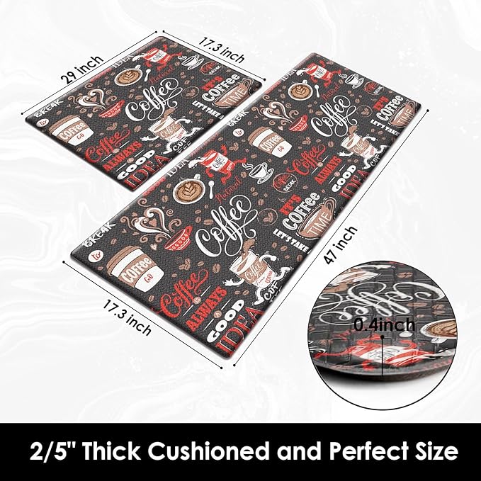 Arttown Coffee Cafe Vintage Anti-Fatigue Kitchen Rug Set of 2 Red Black Retro Farmhouse Cushioned Floor Standing Mat Waterproof Non-Slip Kitchen Mat and PVC Ergonomic Comfort Foam Rug