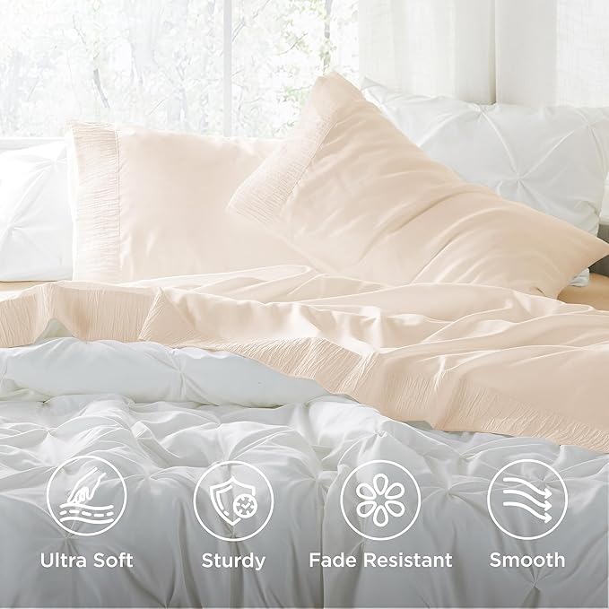 Bedsure California King Sheet Sets - 4 Pieces Soft Cal King Sheets - Breathable & Cooling - Hotel Luxury - Easy Care Polyester Microfiber Bedding for Women, Men, Light Beige