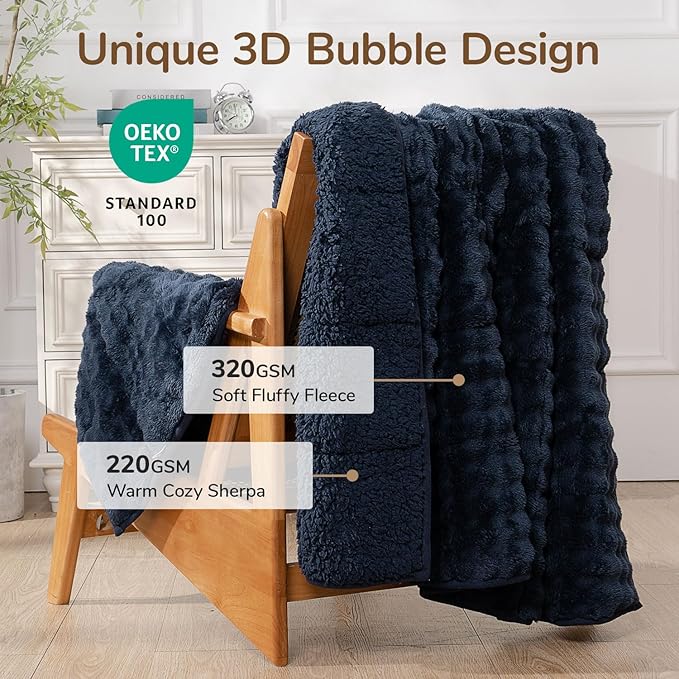 Cottonblue Weighted Blanket 20lbs Bubble Fleece Plush Sherpa Heavy Weighted Blankets for Adults, Fits Queen Size Bed, Cute Fuzzy Warm Heavy Blanket for Calm and Better Sleep, 60"x80", Navy Blue