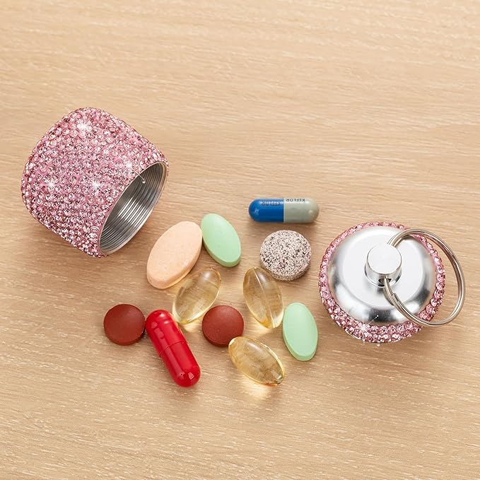 Pill Case for Purse Small Pill Container Keychain Bling Medicine Holder with Keychain Travel Medicine Organizer Bottle for Vitamin Supplement(Pink)