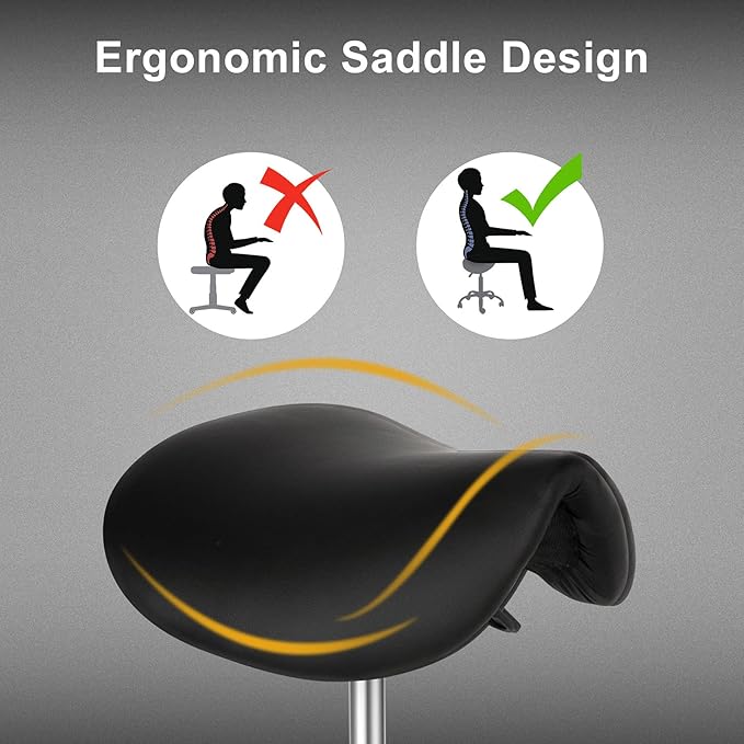 OmySalon Adjustable Saddle Stool with Footrest, Hydraulic Rolling Salon Chair, 360° Swivel Wheels Ergonomic Stool for Hair Stylists, Tattoo Artists, Office, Spa, Massage, Dental (Black)