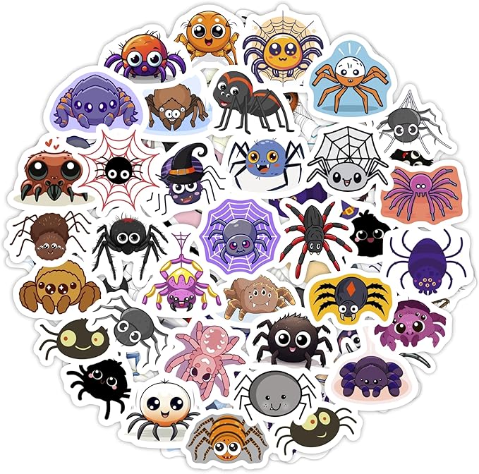 BulbaCraft 100Pcs Spider Stickers for Water Bottle and Laptop - Spider Party Supplies & Decorations, Waterproof Vinyl Decals, Cute and Creepy Stickers, Gifts for Women & Men