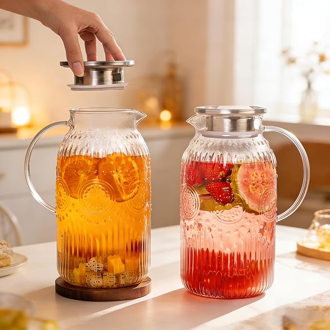 Bandesun Vintage Glass Pitcher with Lid, 101oz/ 3 Liter Water Pitcher with Handle for Fridge Heat Resistant Borosilicate Water Jug, Carafe for Hot/Cold Coffee, Tea,Beverage 1Pack