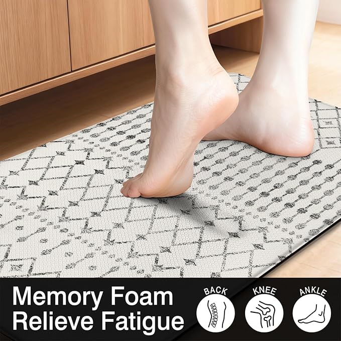 Anti Fatigue Kitchen Rugs Set of 2, Boho Kitchen Mats for Floor, Boho Kitchen Decor, Anti-Slip and Anti-Fatigue Foam Standing Mat,17x30 inch Sink Mat+17x47 inch Runner Rug White