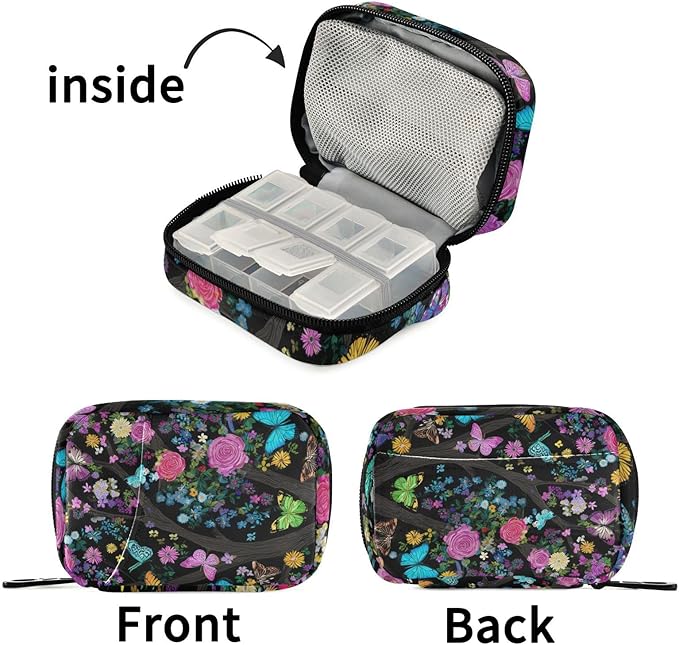 Rose Flowers Butterfly Trees Black Travel Pill Organizer Case Box Container Weekly Portable Vitamin Medicine Holder Storage Bag with Zipper Removable