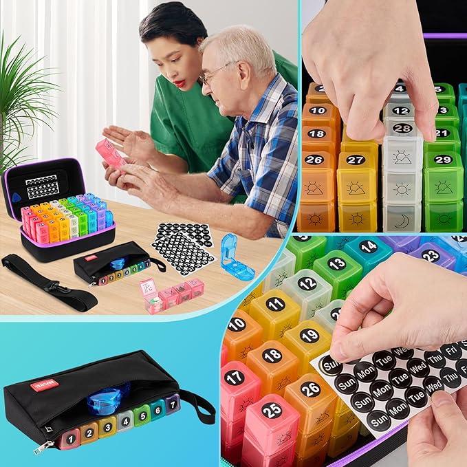 Monthly Pill Organizer, Medicine Organizer Box with Portable Hard Shell and Pill Cutter, 31 Day Pill Holder with Weekly Pill Bag (Purple, 4 Times a Day)