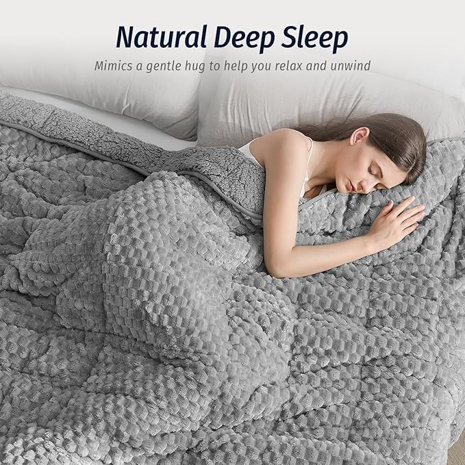 Wemore Fleece Weighted Blanket for Adults (60" x 80" 15lbs, Grey), Dual Sided Cozy Soft Sherpa Heavy Blanket, 3D Imitation Turtle Shell Warm Jacquard Flannel Weighted Blankets for Couch and Bed