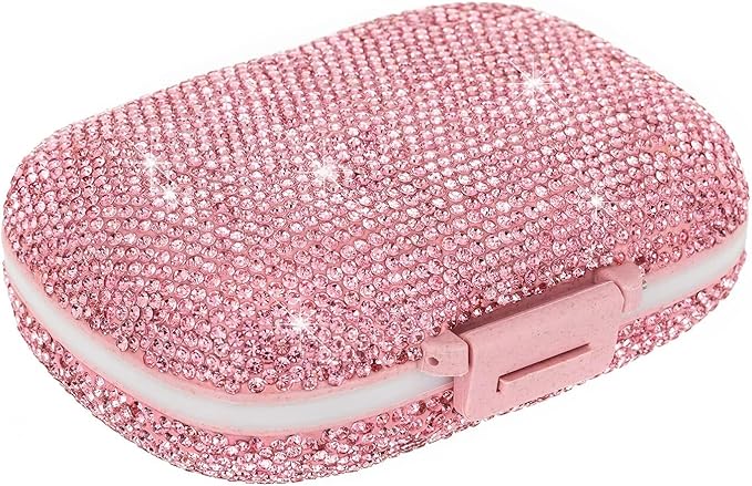 Cute Pill Organizer Small Bling Pill Case for Purse Medicine Vitamin Container Holder Daily Pill Box Container for Women Travel Medicine Kit(Pink)