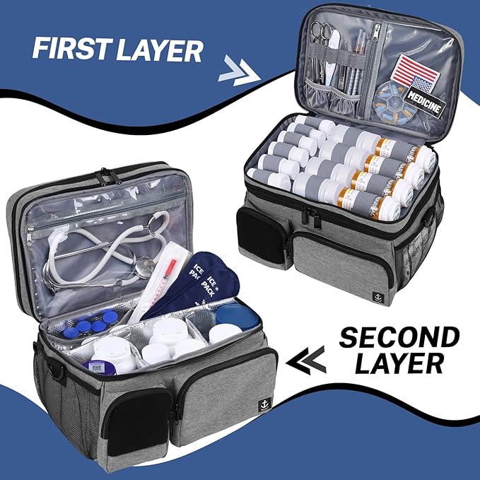 Double Layers Medicine Bag with Insulated Compartment Pill Bottle Organizer with Lockable Zipper,Travel Medicine Organizer with Soft Shoulder Straps for Pill Bottles, Medical Supplies