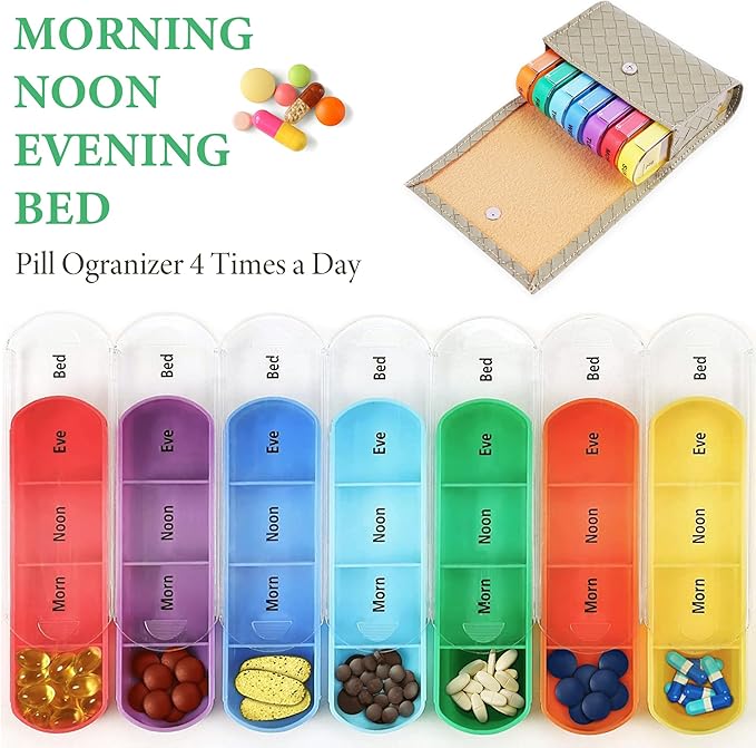 Pill Organizer,LIZIMANDU Weekly Travel Pill Case Box Medication Reminder Daily AM PM, Day Night 7 Compartments,for 4 Times A Day, 7 Days a Week-Includes Leather PU Carrying Case(1-Weave Green1)