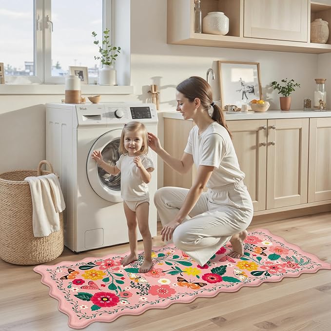 Scalloped Pink Kitchen Mats for Floor Cushioned Anti Fatigue Kitchen Mats Rugs Waterproof Non Slip Farmhouse Boho Floral Comfort Foam Standing Mat for Sink Laundry, 17.3x47