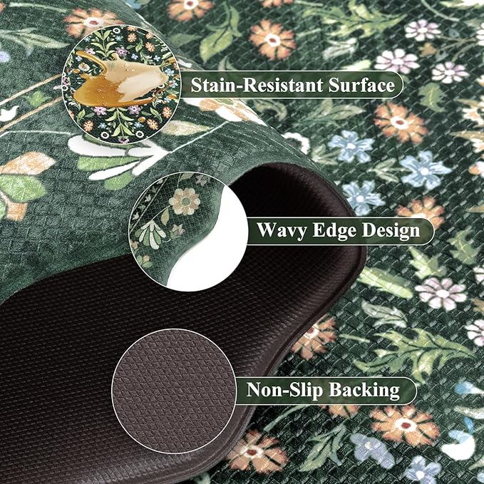 Yamaziot Anti Fatigue Kitchen Rugs Set of 3 - Boho Non Slip Waterproof Kitchen Mats for Floor, Boho Runner Rug for Kitchen Floor, Laundry, Office, 17.3"x29"+17.3"x35"+17.3"x47", Green & Black