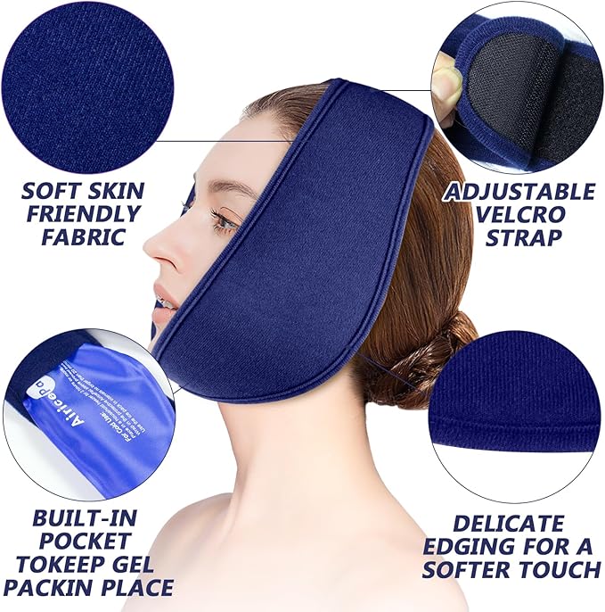 Wisdom Teeth Ice Pack Head Wrap, Face Ice Pack for Jaw Oral Surgery Pain Relief for TMJ, Teeth Removed, 4 Cold Therapy Gel Packs Reusable, Blue
