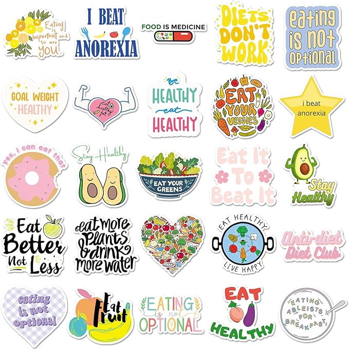 50pcs Healthy Diet Stickers,Healthy Eating Stickers Fruit & Vegetable Meal Decorative Stickers, Self-Adhesive for Scrapbooking, Kitchen Decoration, Weight Loss Plan Recordin
