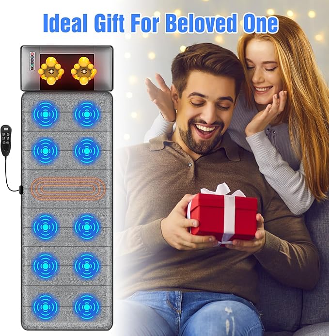 Full Body Massage Mat with Heat,Electric Massage Pad with Shiatsu Neck Back Massage Pillow,Massage Mattress Chair Pad W/ 10 Vibration Motors 3 Heating Levels for Neck,Back&Full Body Pain Relief