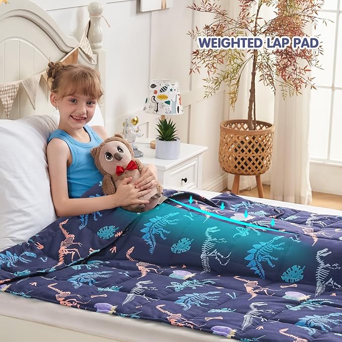 yescool Dinosaur Weighted Blanket 5 Pounds Cooling Weighted Lap Blanket, Navy Heavy Blankets for Sleeping, Weighted Throw Blankets Gifts for 40-60lbs, 36"x48"