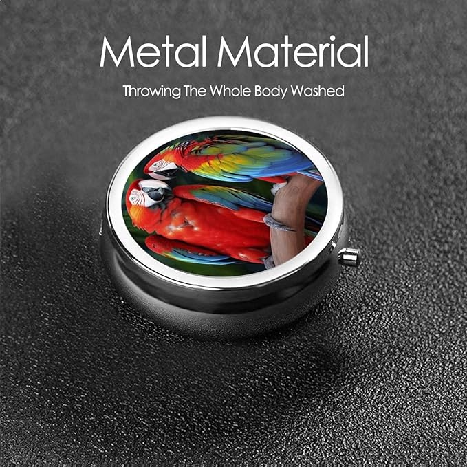 Pill Box 3 Compartment Medicine Pill Organizer Two Colored Parrots Round Pill Case for Purse & Pocket Travel Pillbox Portable Metal Medicine Vitamin Fish Oil Organizer Unique Gift