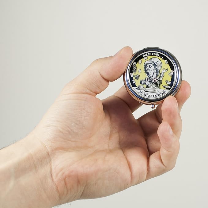 The Unemployed Philosophers Guild Mad Hatter Pill Box - Alice in Wonderland Themed 1 or 2 Compartment Compact Medicine Case, Pocket Pills Organizer