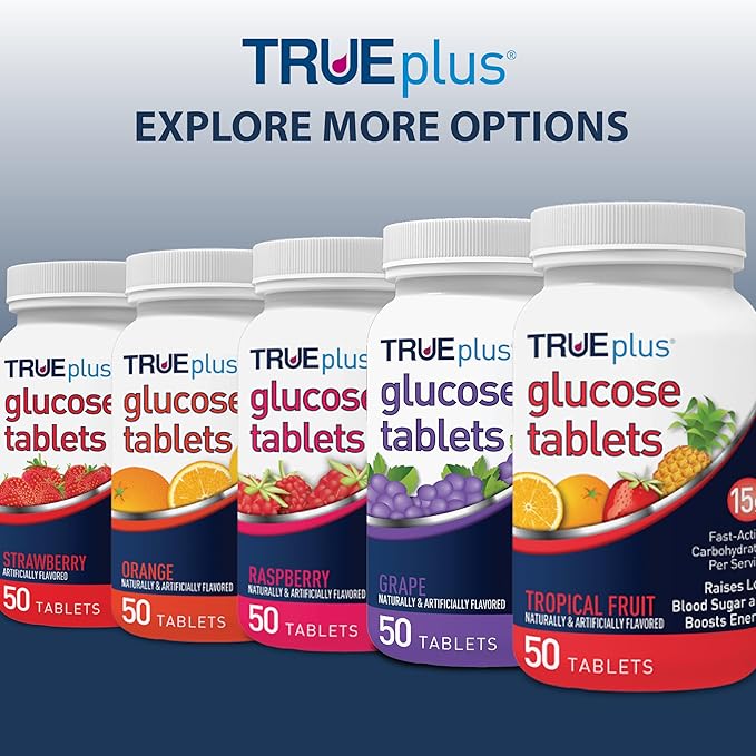TRUEplus Glucose Tablets, Chewable, Raspberry Flavor, 15g Fast-Acting Carbohydrates, Fat Free, Gluten Free, Raise Low Blood Sugar and Boost Energy, 50 Count, 12 Bottles