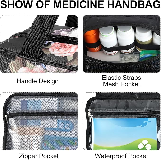 Naanle Pill Organizer Bag Travel Pill Bottle Medicine Organizer Home Storage Medication Bag for Vitamin Supplements, Watercolor Flower Skull Empty First Aid Bag for Car Camping