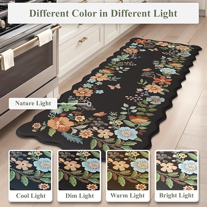 Collive Anti Fatigue Mats for Kitchen Floor, Scalloped Cushioned Comfort Kitchen Rugs Set of 2 Waterproof Non Skid Padded Kitchen Floor Mat, Boho Floral Rug Black Standing Carpet for Office, Laundry