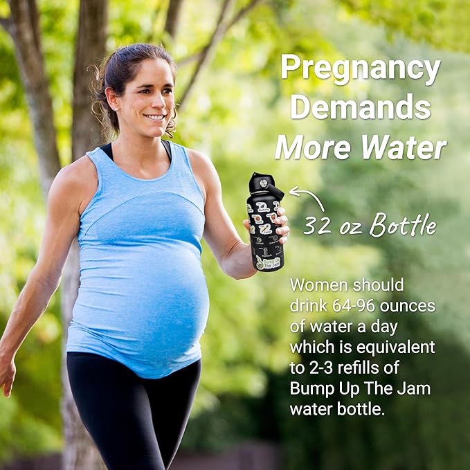 Pregnancy Water Bottle Tracker - 32 Ounce Stainless Steel - Includes Weekly Pregnancy Tracker Stickers (Midnight Black Color)