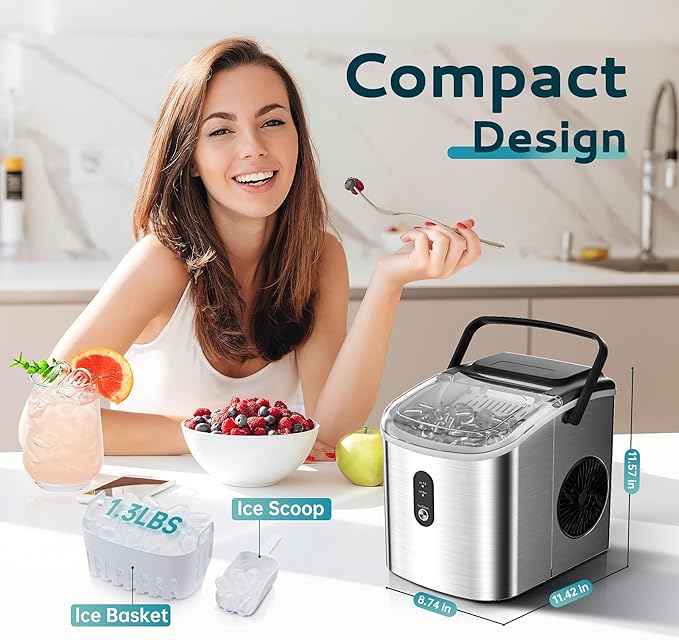 EUHOMY Ice Maker Countertop, Portable Ice Machine with Carry Handle, 26.5lbs Per Day, 9 Cubes in 6 Mins, Auto-Cleaning, with Basket and Scoop, for Home, Kitchen, Camping, RV