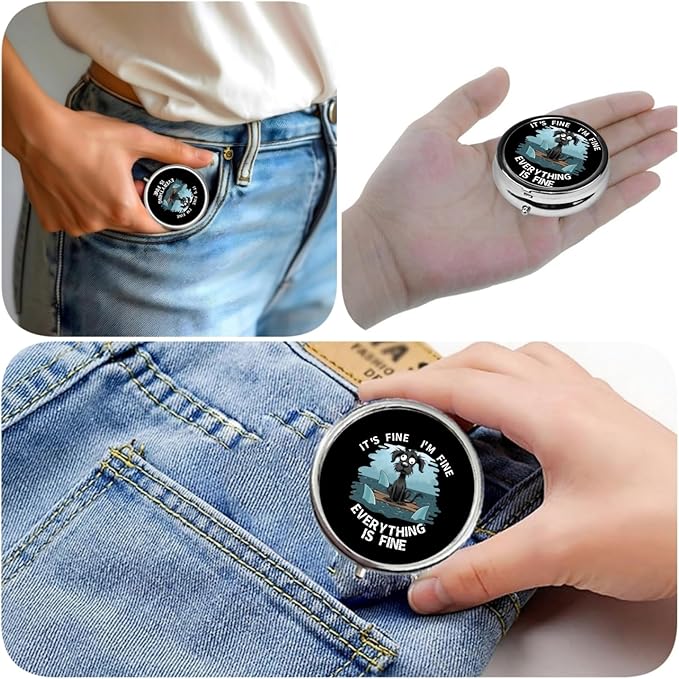 3 Compartment Travel Pill Case, Sealed Portable Pill Container Mini Size Metal Pill Box for Pocket Purse, Three Times a Day Pill Organizer for Children, Men and Women - Dog Everything is Fine