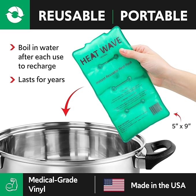 HEAT WAVE Instant Heat Packs Medium (5×9”)- Medical Grade Reusable Green 1-Pack Fast and HOT - Made in USA for Muscle Aches, Back, Arm, Shoulder, Pain Relief, Warmth on The Go; Heating Pad Click Heat