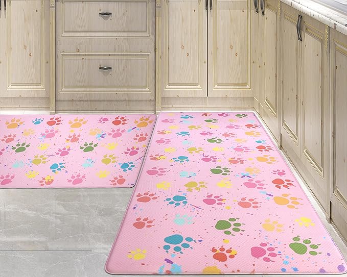 Pink Kitchen Mat Cushioned Anti-Fatigue Floor Mat,Waterproof Non-Skid Kitchen Mats and Rugs Heavy Duty Comfort Standing Mat for Home, Office, Sink, Laundry, Colorful Paws